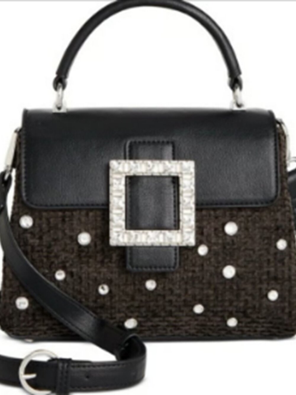 TANDII x ON•34TH Black Leather  Woven Pearl Studded Handbag / Gem Buckle - A441
